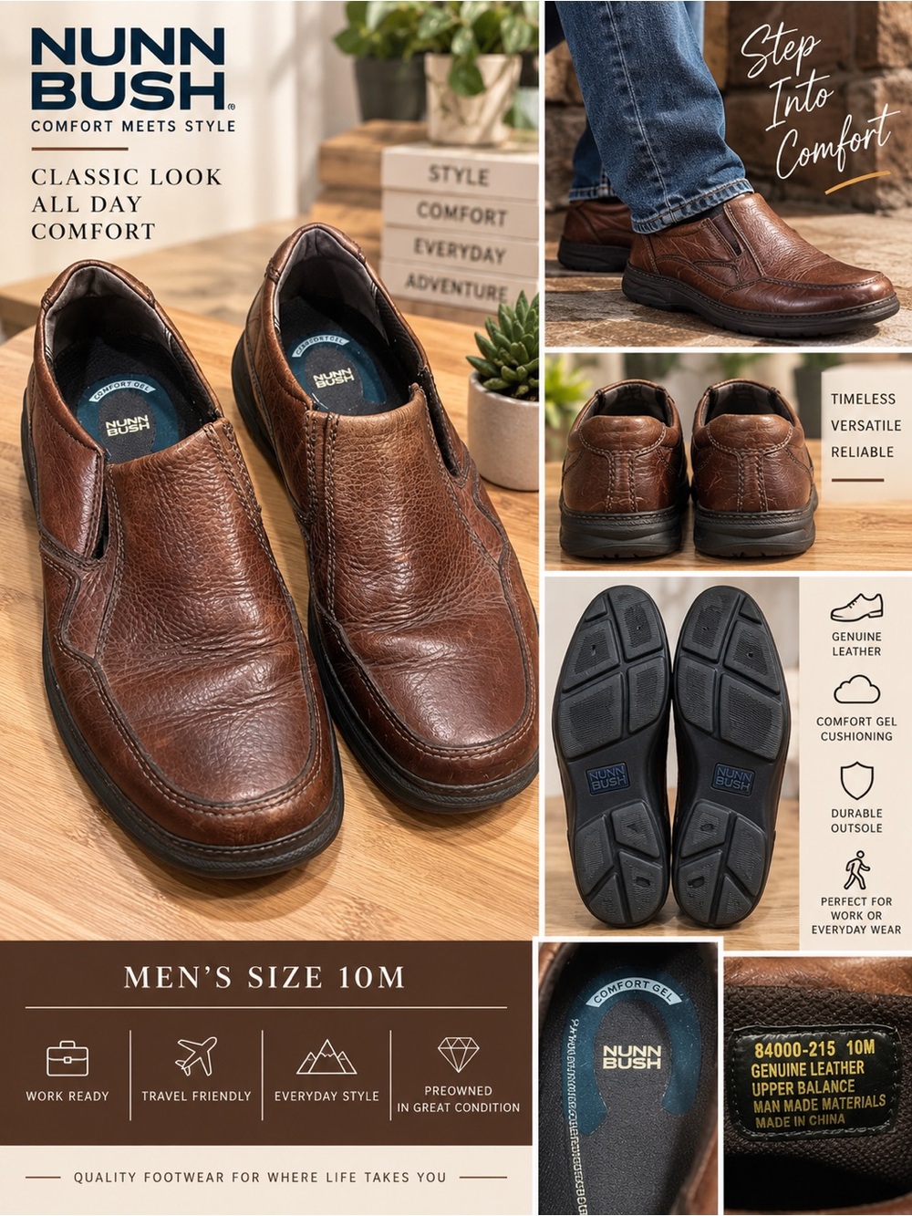 Nunn Bush Men’s 10M Brown Genuine Leather Comfort Gel Slip On Loafers Shoes